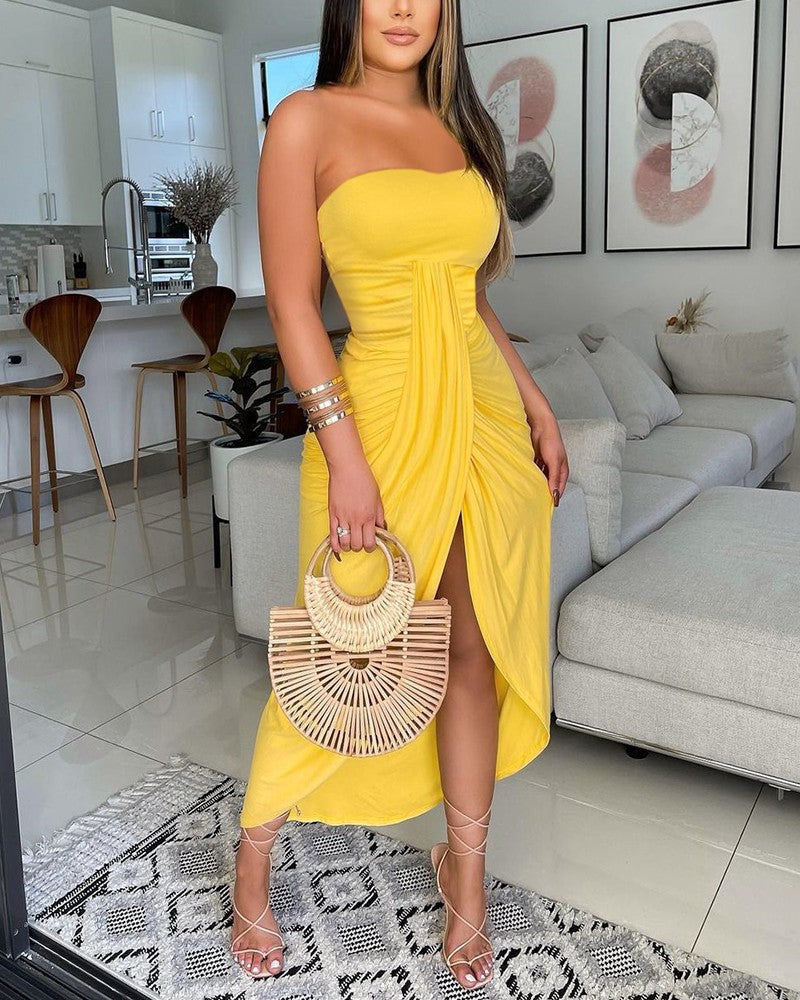 Solid Color Tube Top Pleated Slit Sleeveless Women's Dress