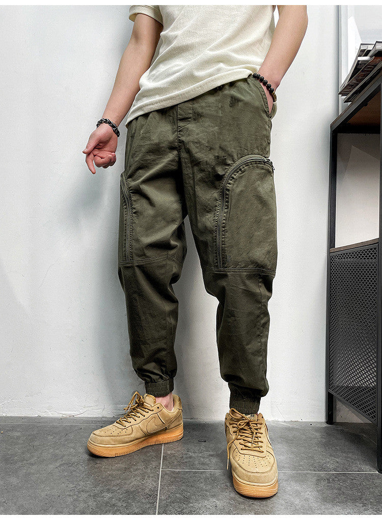 Elastic Waist Zipper Big Pockets Drawstring Men's Cargo Pants