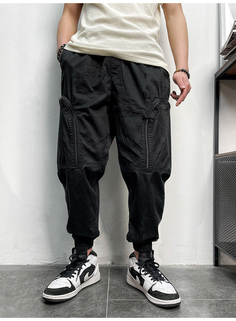 Elastic Waist Zipper Big Pockets Drawstring Men's Cargo Pants