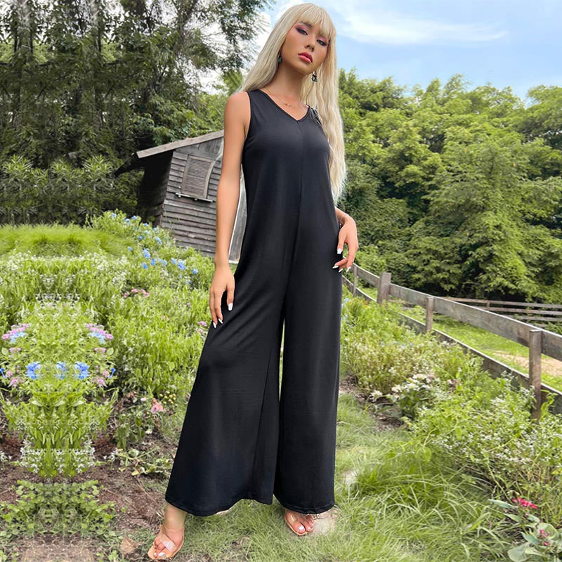 Solid Color Hollow Wide Leg Women's Jumpsuit