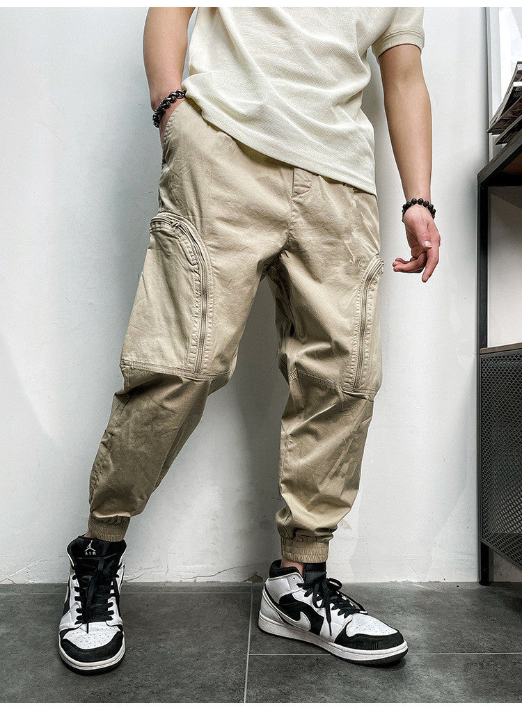 Elastic Waist Zipper Big Pockets Drawstring Men's Cargo Pants