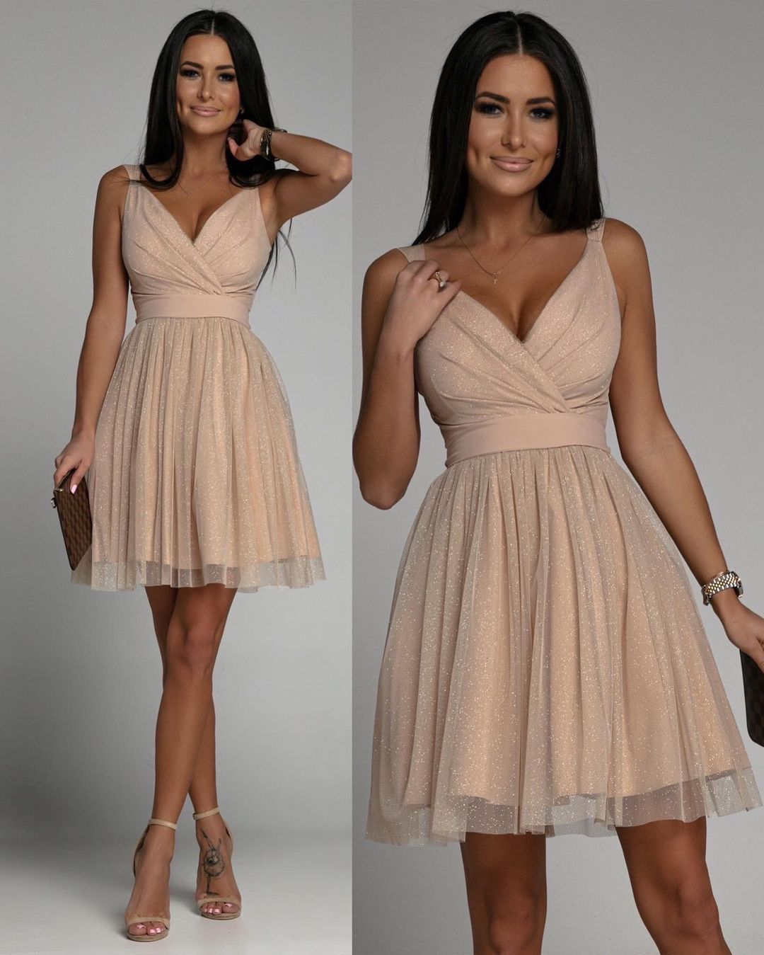 Elegant Glitter Sleeveless Deep V Neck Mesh Women's Party Dress