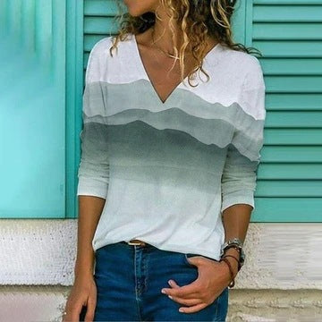 Landscape Gradient Printed Long-Sleeved Slim Women's T-Shirt Top