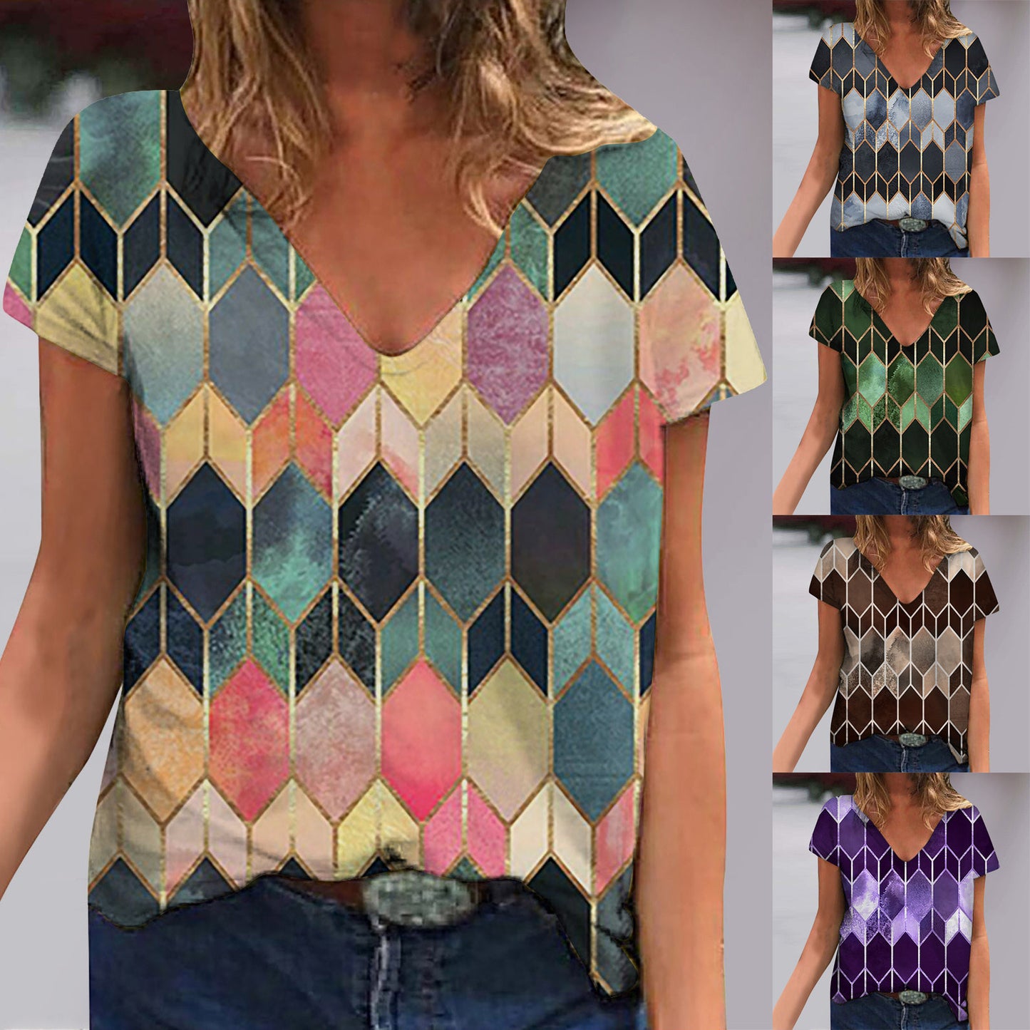 Tops Rhombus Printing Loose V Neck Short Sleeved Women's T-Shirt