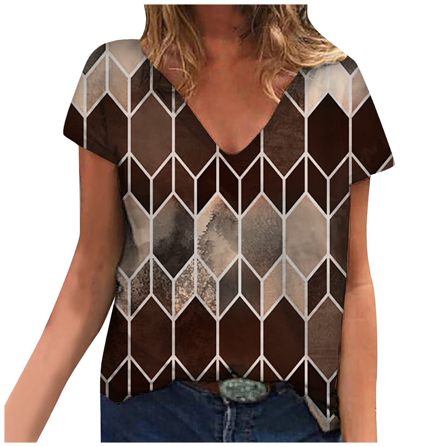 Tops Rhombus Printing Loose V Neck Short Sleeved Women's T-Shirt