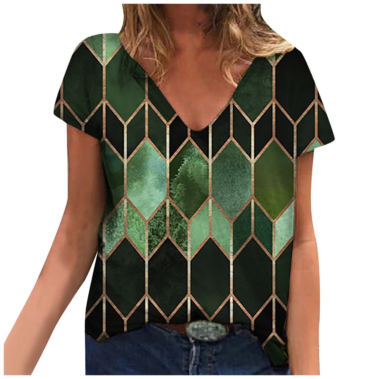 Tops Rhombus Printing Loose V Neck Short Sleeved Women's T-Shirt