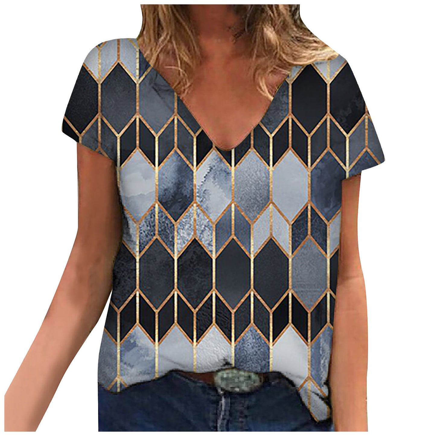 Tops Rhombus Printing Loose V Neck Short Sleeved Women's T-Shirt