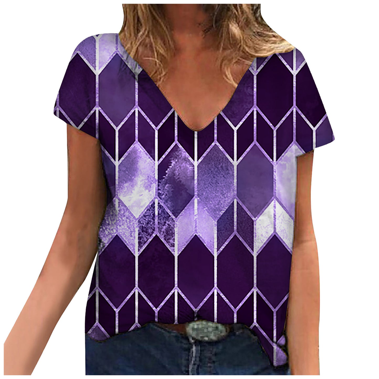 Tops Rhombus Printing Loose V Neck Short Sleeved Women's T-Shirt