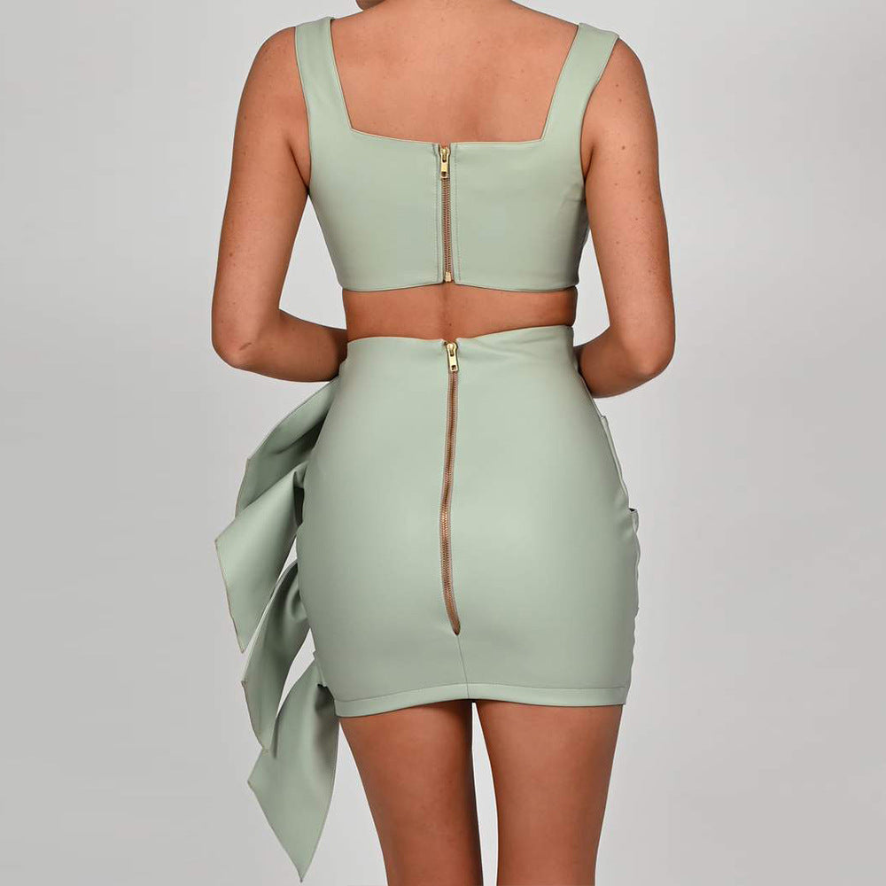 High-End Pu Leather Crop Top And Skirt Women's Suit