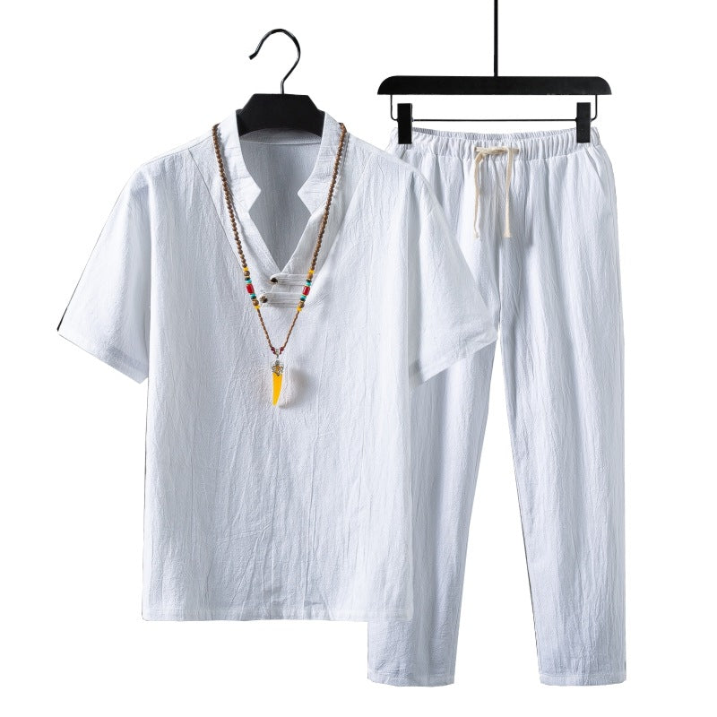 Summer New Linen Suit Men's Cotton And Linen Short Sleeved T Shirt
