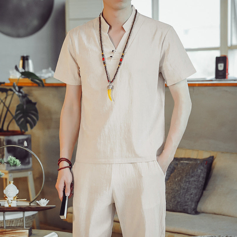 Summer New Linen Suit Men's Cotton And Linen Short Sleeved T Shirt