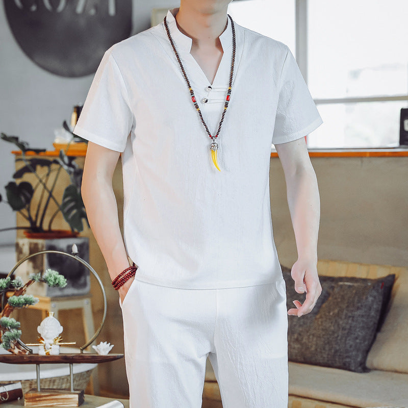 Summer New Linen Suit Men's Cotton And Linen Short Sleeved T Shirt