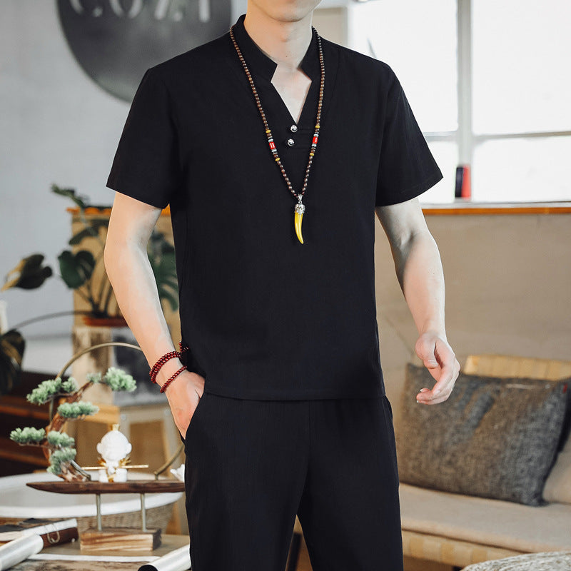 Summer New Linen Suit Men's Cotton And Linen Short Sleeved T Shirt