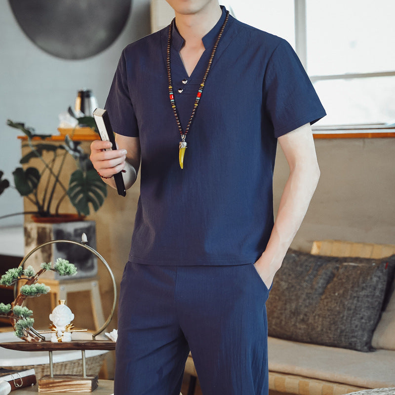 Summer New Linen Suit Men's Cotton And Linen Short Sleeved T Shirt