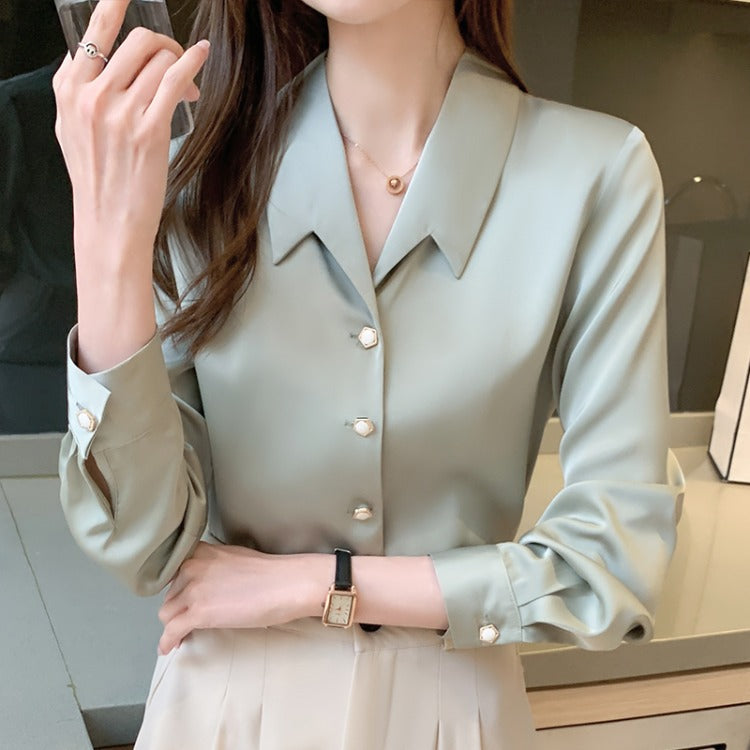 Long-sleeved Satin Draped Women's Shirt