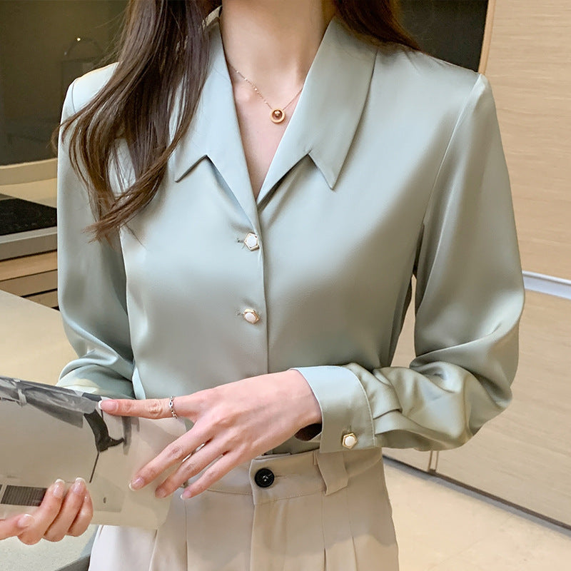 Long-sleeved Satin Draped Women's Shirt