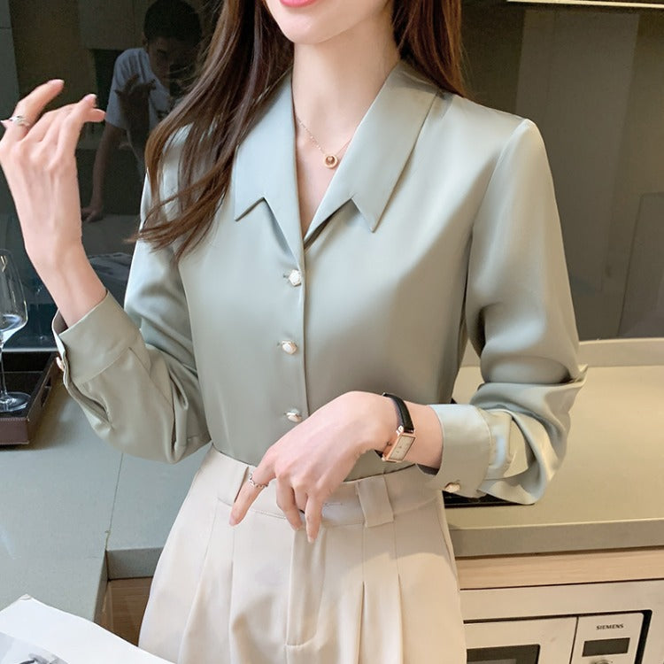 Long-sleeved Satin Draped Women's Shirt