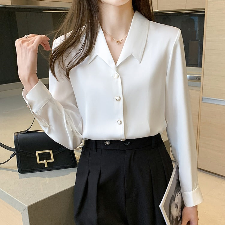 Long-sleeved Satin Draped Women's Shirt