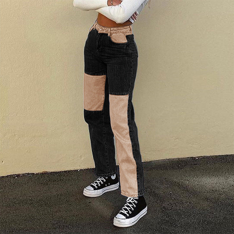 New Women's High-waisted Slim Color Matching Straight-leg Pants Women