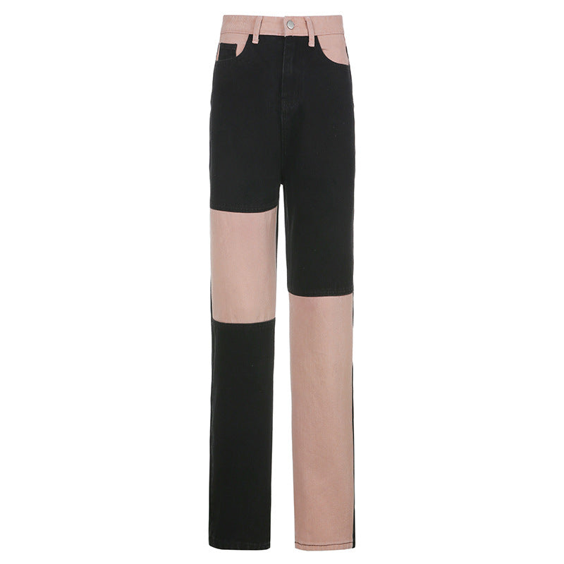 New Women's High-waisted Slim Color Matching Straight-leg Pants Women