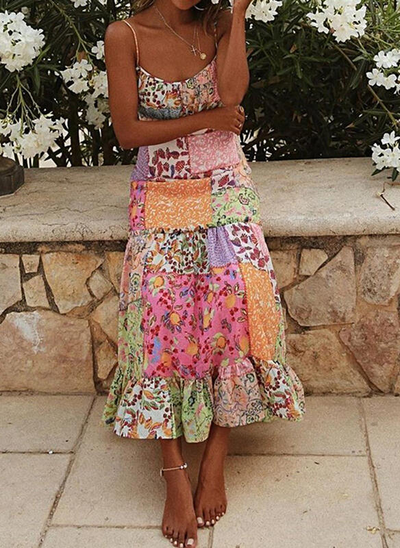 Women's Sling Sleeveless Color Matching Floral Dress