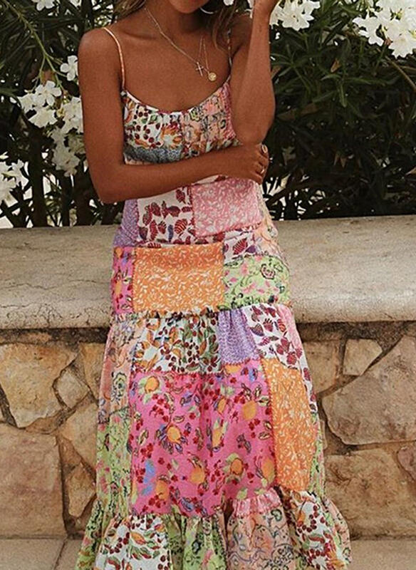 Women's Sling Sleeveless Color Matching Floral Dress