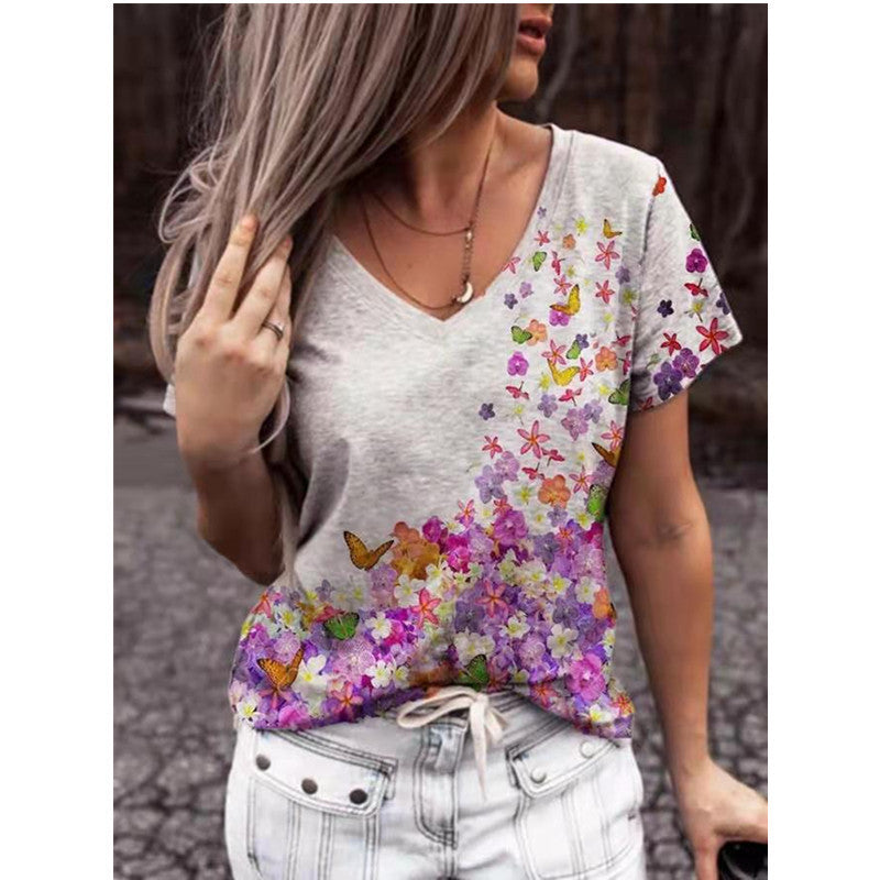 Fashion Printed V-neck Short Sleeve Women's T-shirt