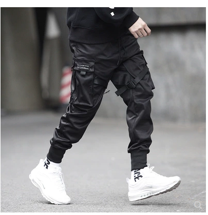 Black Hip Hop Elastic Waist Men's Cargo Pants