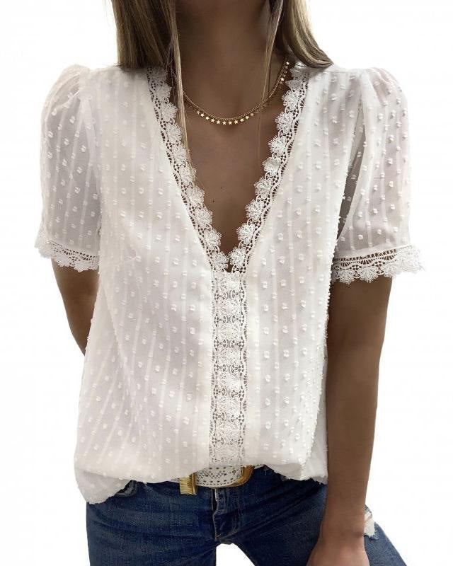 V-Neck Short Sleeve Panel Lace Chiffon Top