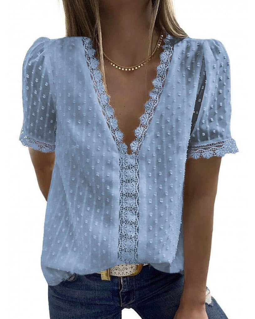 V-Neck Short Sleeve Panel Lace Chiffon Top
