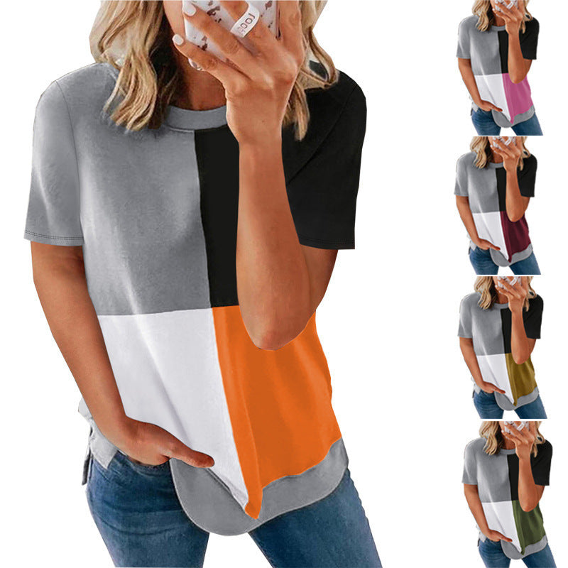 Women's Casual Color-blocking Top Round Neck T-Blood