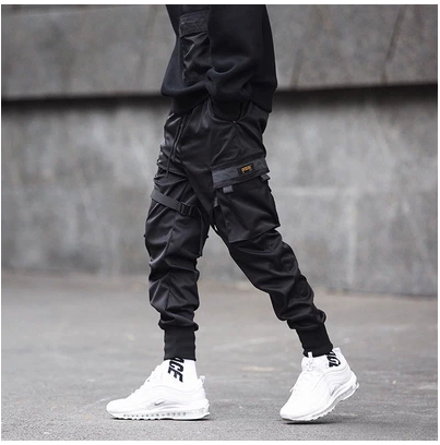Black Hip Hop Elastic Waist Men's Cargo Pants