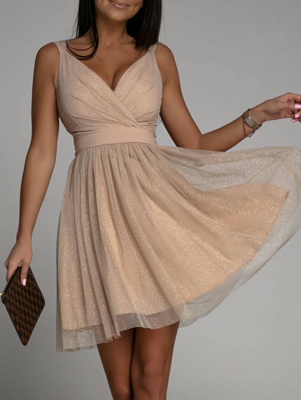 Elegant Glitter Sleeveless Deep V Neck Mesh Women's Party Dress