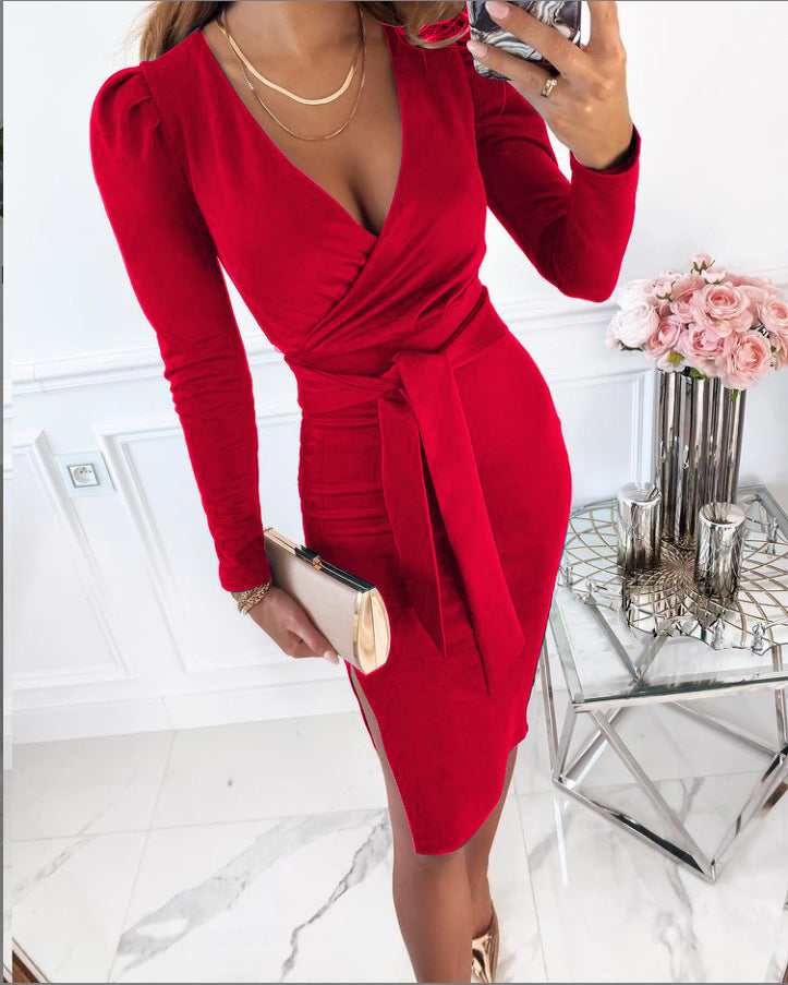 Women's V Neck Temperament Commuter Bandage Solid Color Dress