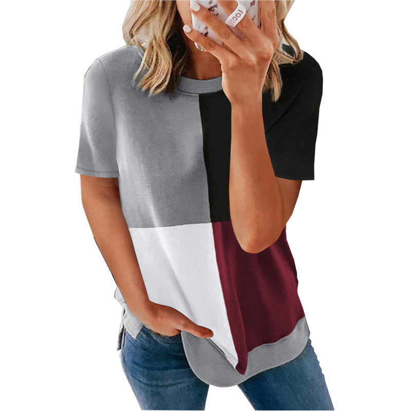 Women's Casual Color-blocking Top Round Neck T-Blood
