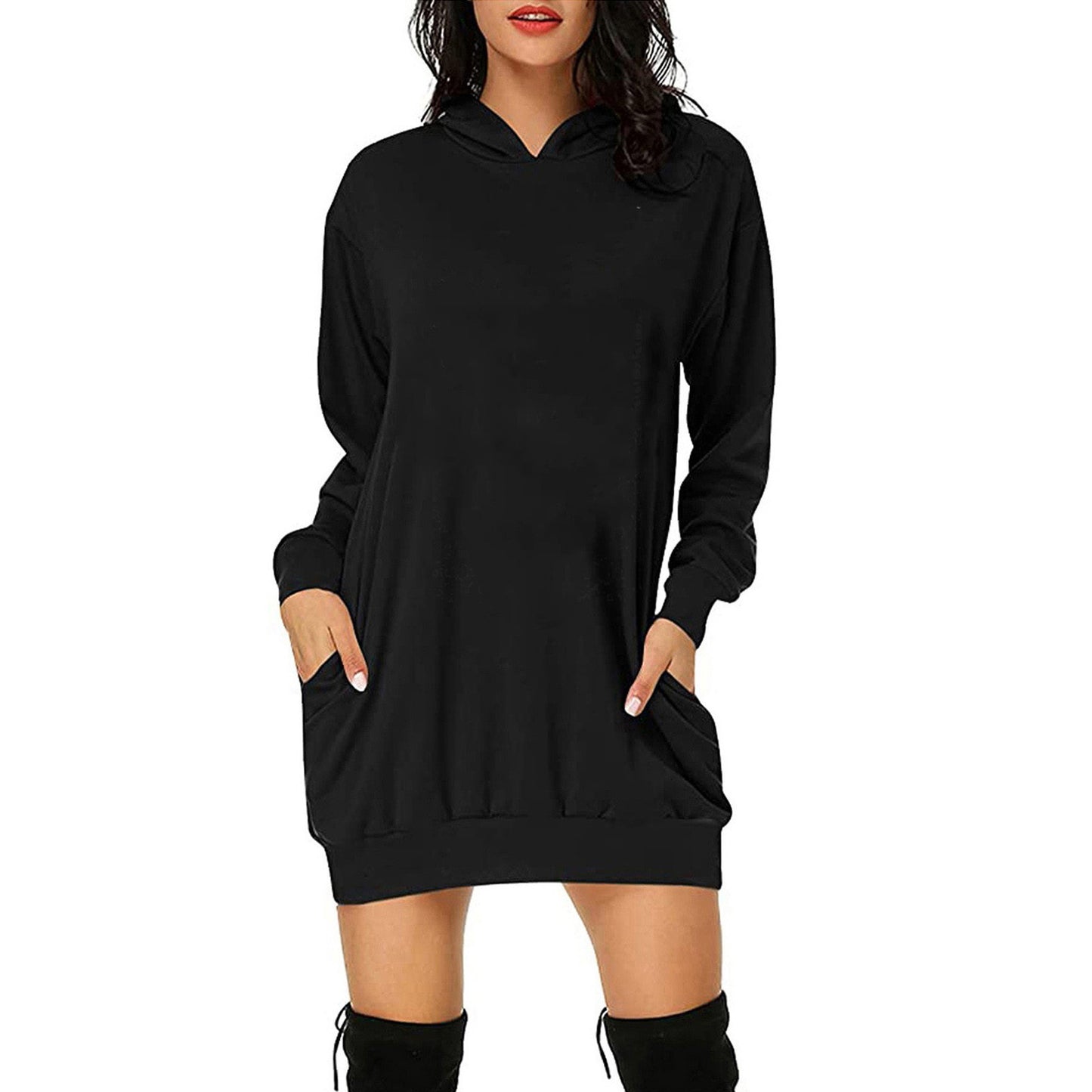 Solid Color Long Sleeves Loose Hat Dress Women's Sweater
