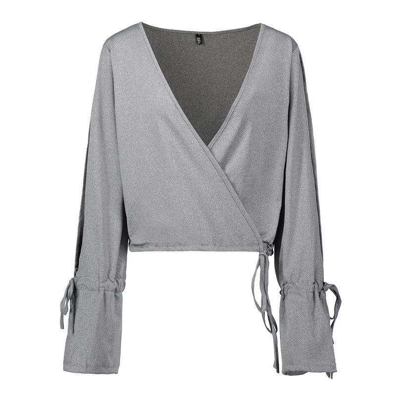 V-Neck Long-Sleeved Solid Color Loose T Flared Women's Crop Top