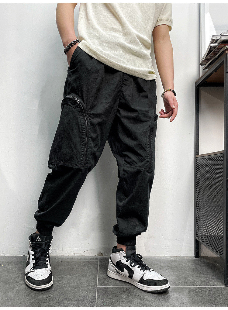 Elastic Waist Zipper Big Pockets Drawstring Men's Cargo Pants