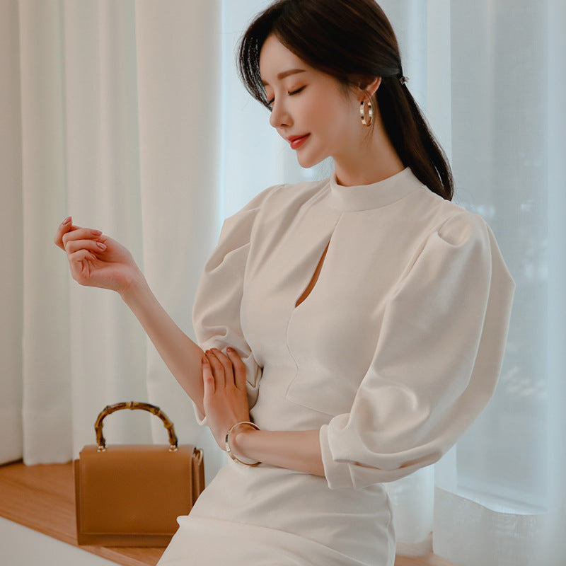 Stand Collar Lantern Sleeve Fashion Hip Pack Professional Women's Dress