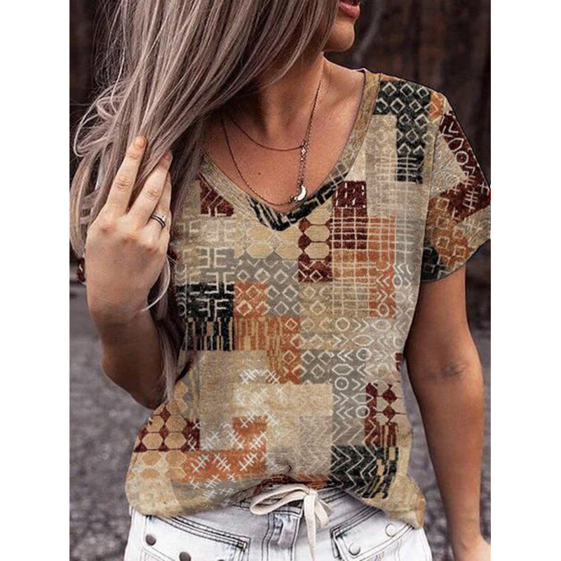 Fashion V-Neck Geometric Print Plus Size Short Sleeve Women's T-Shirt