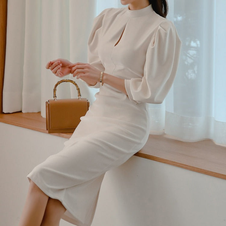 Stand Collar Lantern Sleeve Fashion Hip Pack Professional Women's Dress