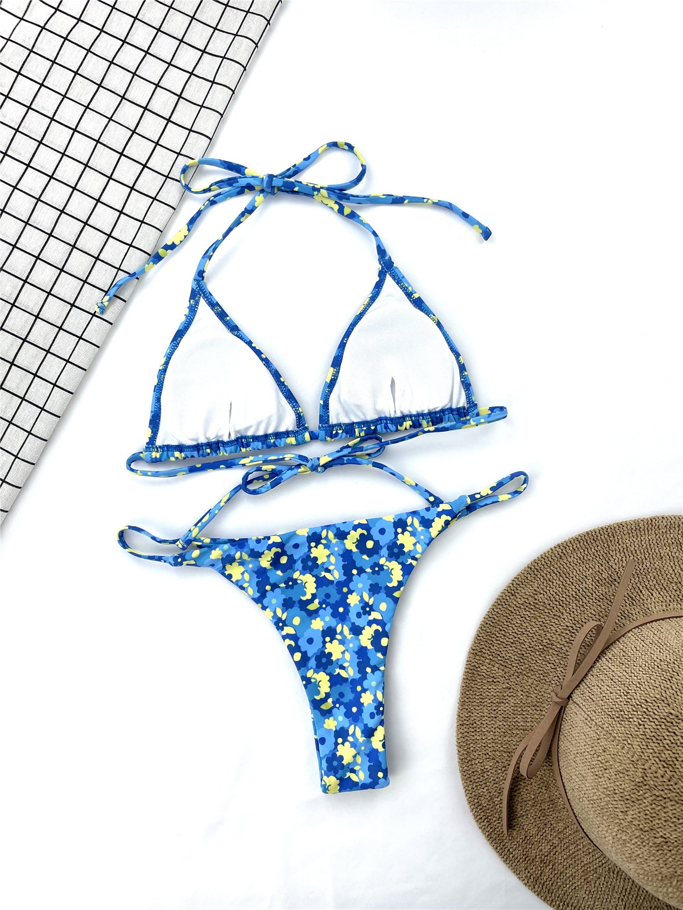 Split Blue Floral Lace-Up Women's Bikini Swimsuit