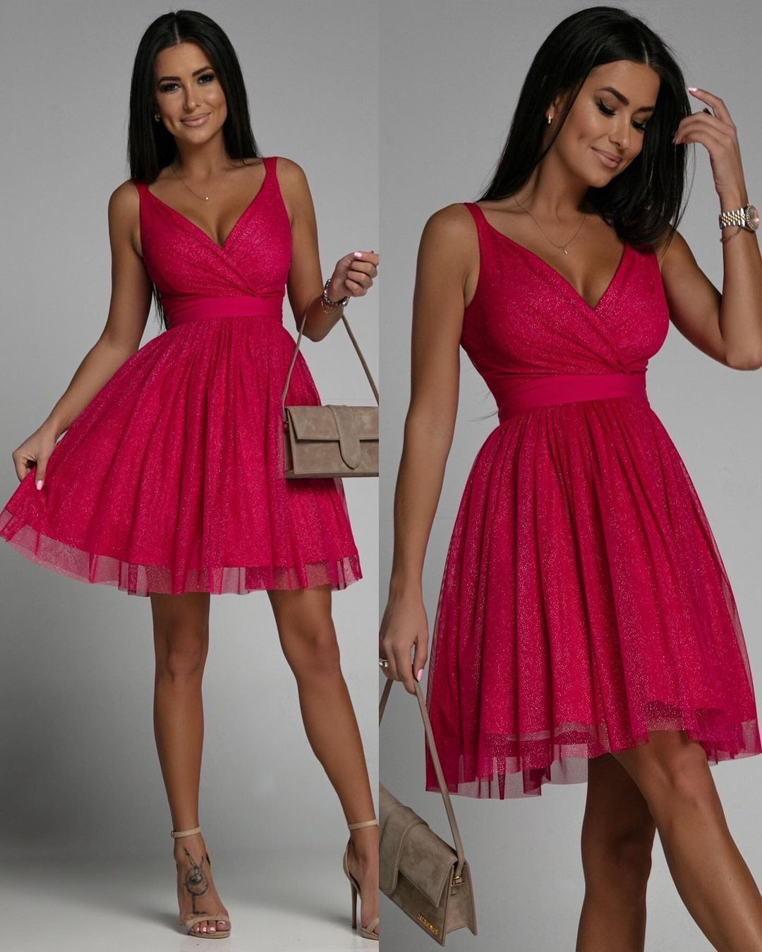 Elegant Glitter Sleeveless Deep V Neck Mesh Women's Party Dress