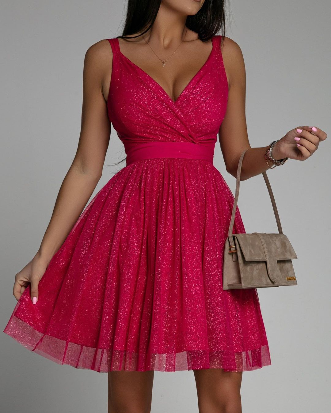 Elegant Glitter Sleeveless Deep V Neck Mesh Women's Party Dress