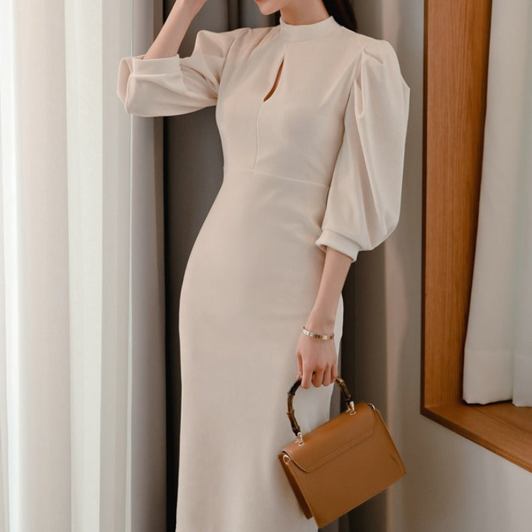 Stand Collar Lantern Sleeve Fashion Hip Pack Professional Women's Dress