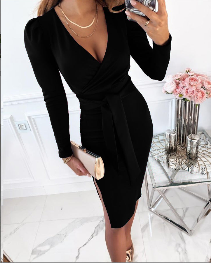 Women's V Neck Temperament Commuter Bandage Solid Color Dress