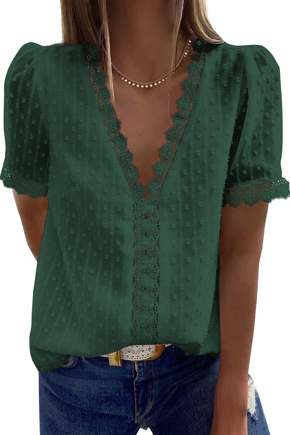 V-Neck Short Sleeve Panel Lace Chiffon Top