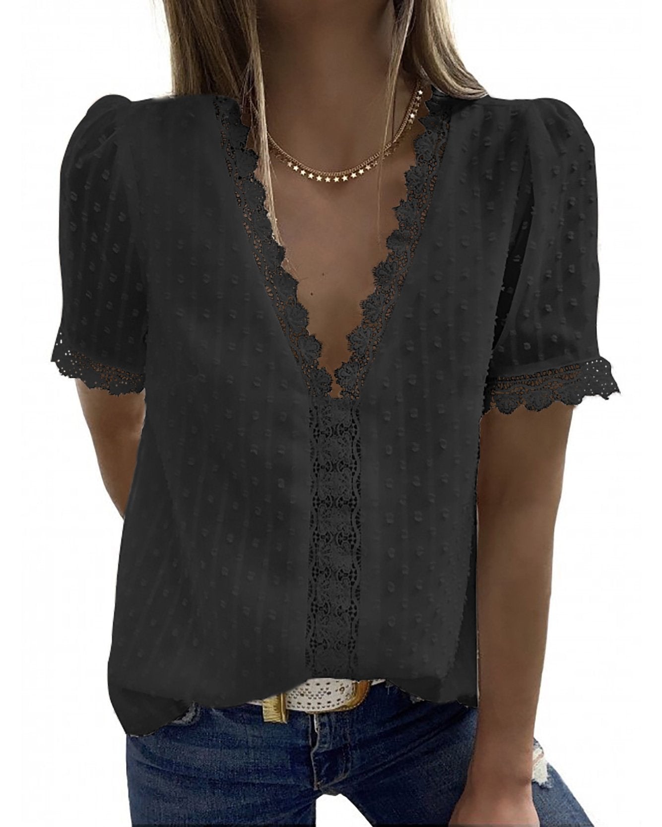 V-Neck Short Sleeve Panel Lace Chiffon Top