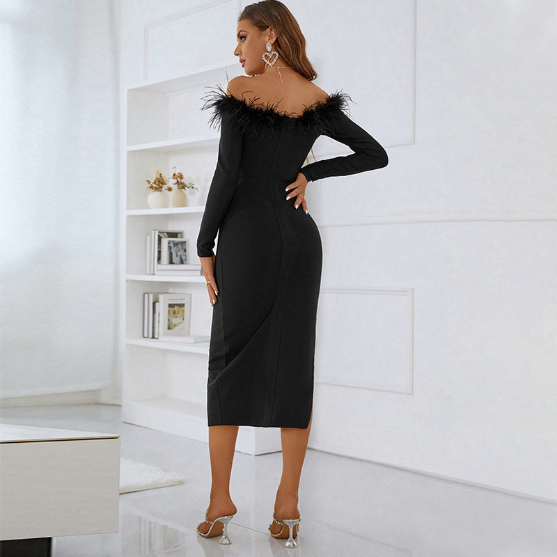 Long Sleeve One-Line Neck Bandage Premium Feather Women's Dress