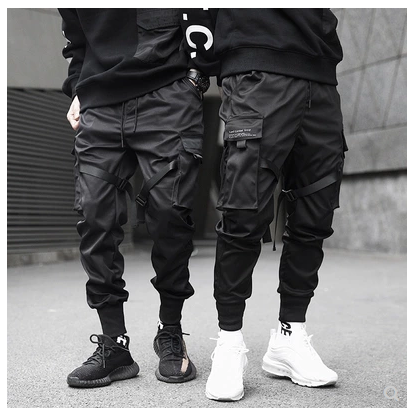 Black Hip Hop Elastic Waist Men's Cargo Pants